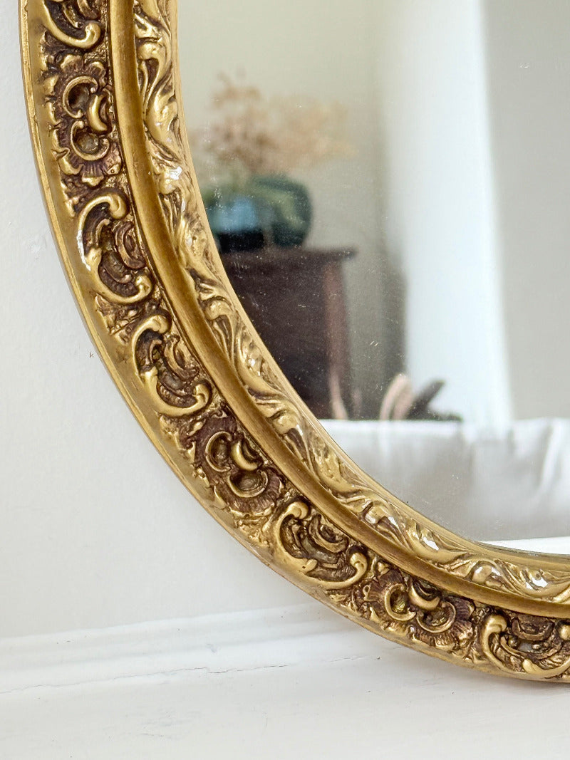 vintage gold oval mirror with ornate gilt painted frame
