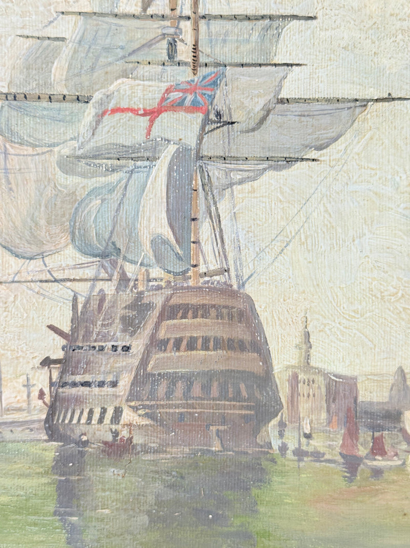 Vintage oil painting of man o’ war sailing ship with fishing boats in gilt frame