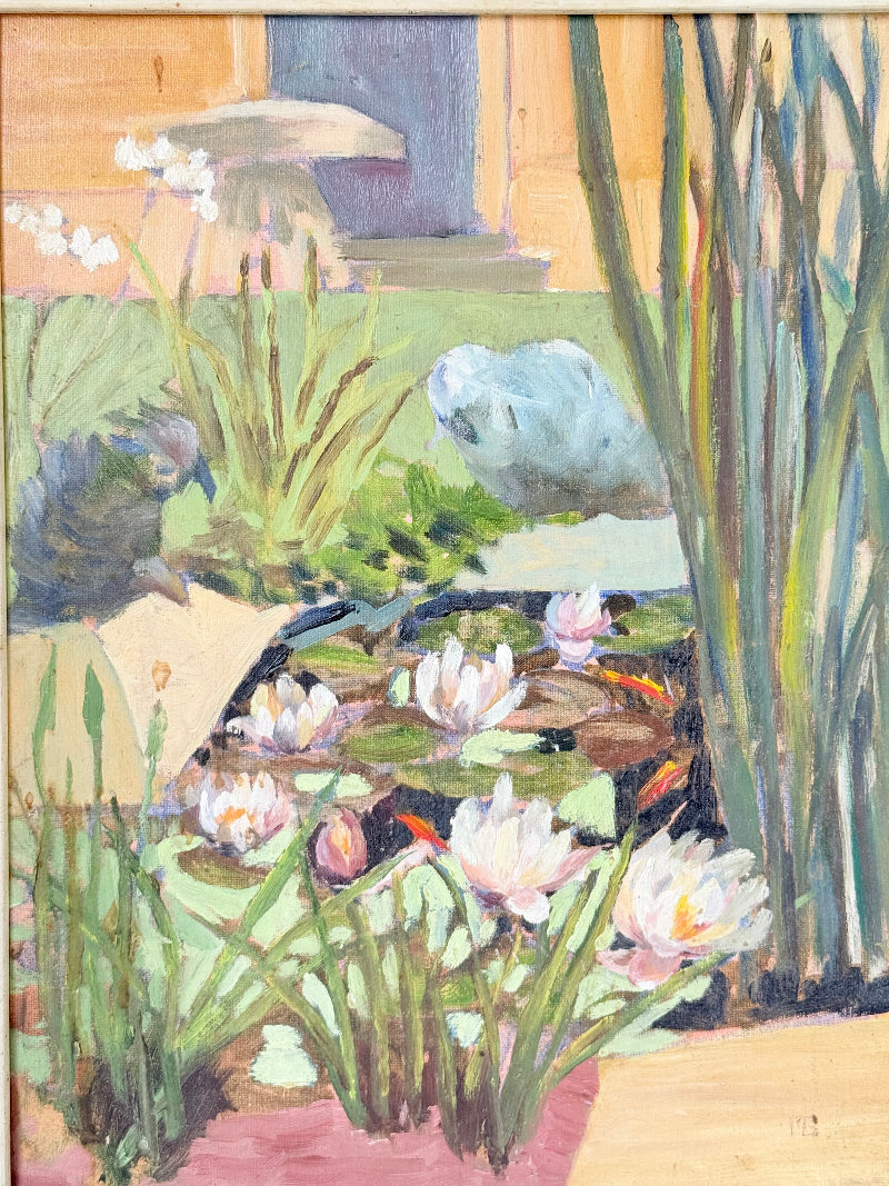 Vintage oil on board painting of waterlilies on a pond by Muriel Hester Broughton (1904–2003), monogrammed MB, framed in silver wood, photographed on a white surface