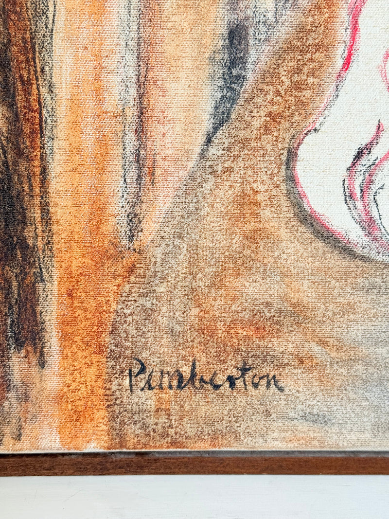 Still life of red and blue anemones in vase, mid-century charcoal and mixed media artwork signed Pemberton