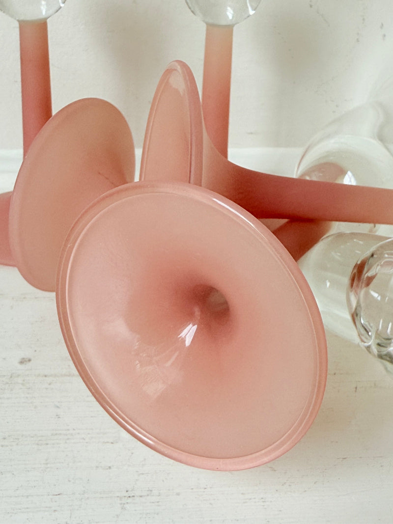 Set of five 1980s frosted pink tulip champagne flutes from the Candlelight range, photographed on a white surface
