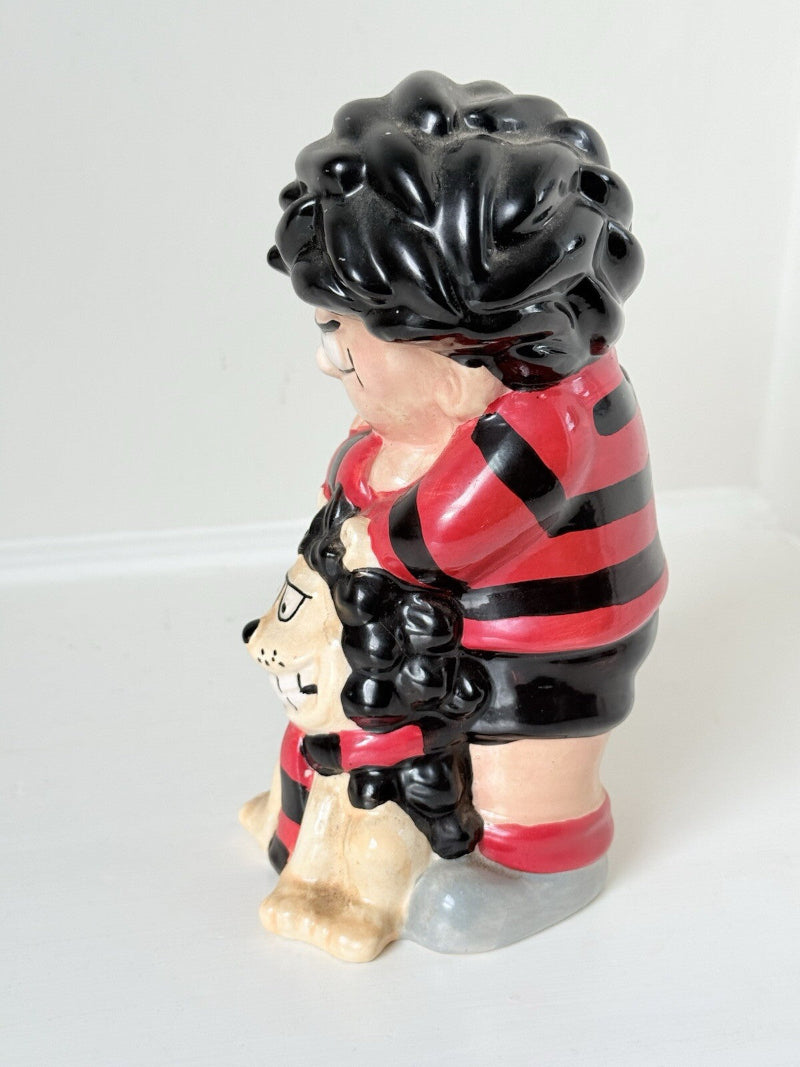 Dennis the Menace and Gnasher ceramic moneybox in red and black comic-style outfits, with vintage hand-painted detail.