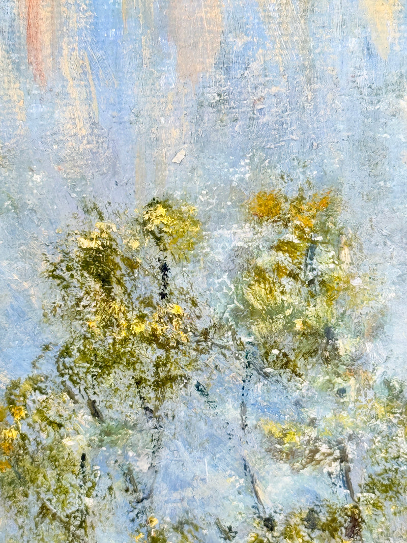 Impressionistic landscape painting featuring textured brushstrokes of light blue, white, yellow, and green, depicting trees and foliage.