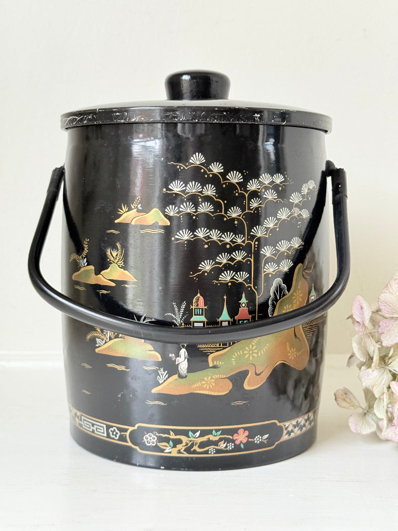 mid century baret ware china gardens black and gold ice bucket with glass liner photographed on white surface