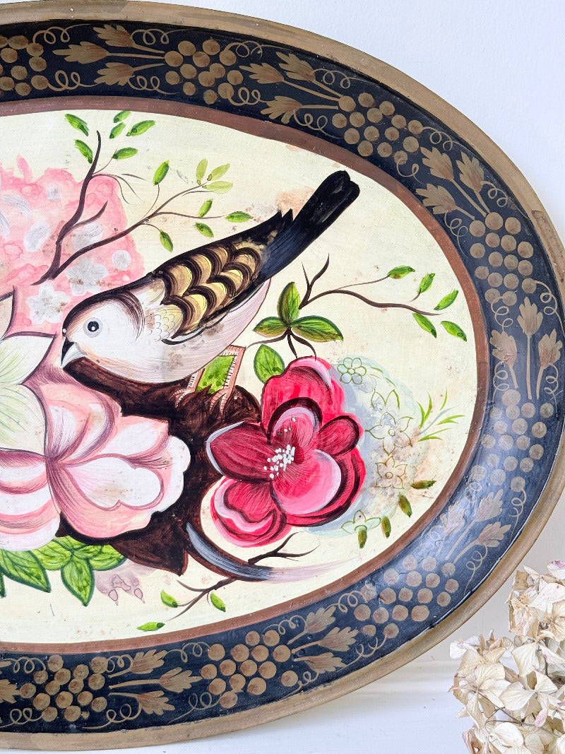 vintage hand painted metal tray with bold floral design in pink, red, white and gold border