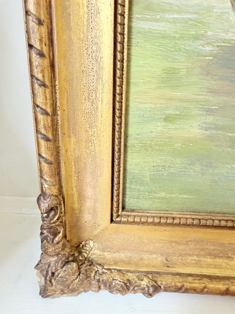 Vintage oil painting of man o’ war sailing ship with fishing boats in gilt frame