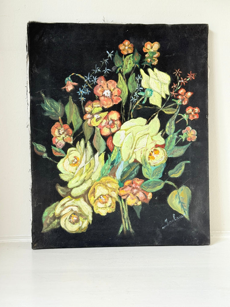 Vintage floral still life oil on canvas with yellow and peach blooms against dark background, unframed, on white surface.