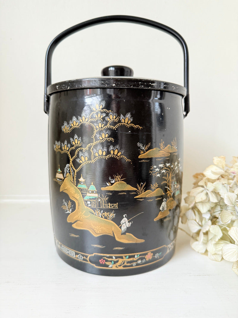 mid century baret ware china gardens black and gold ice bucket with glass liner photographed on white surface