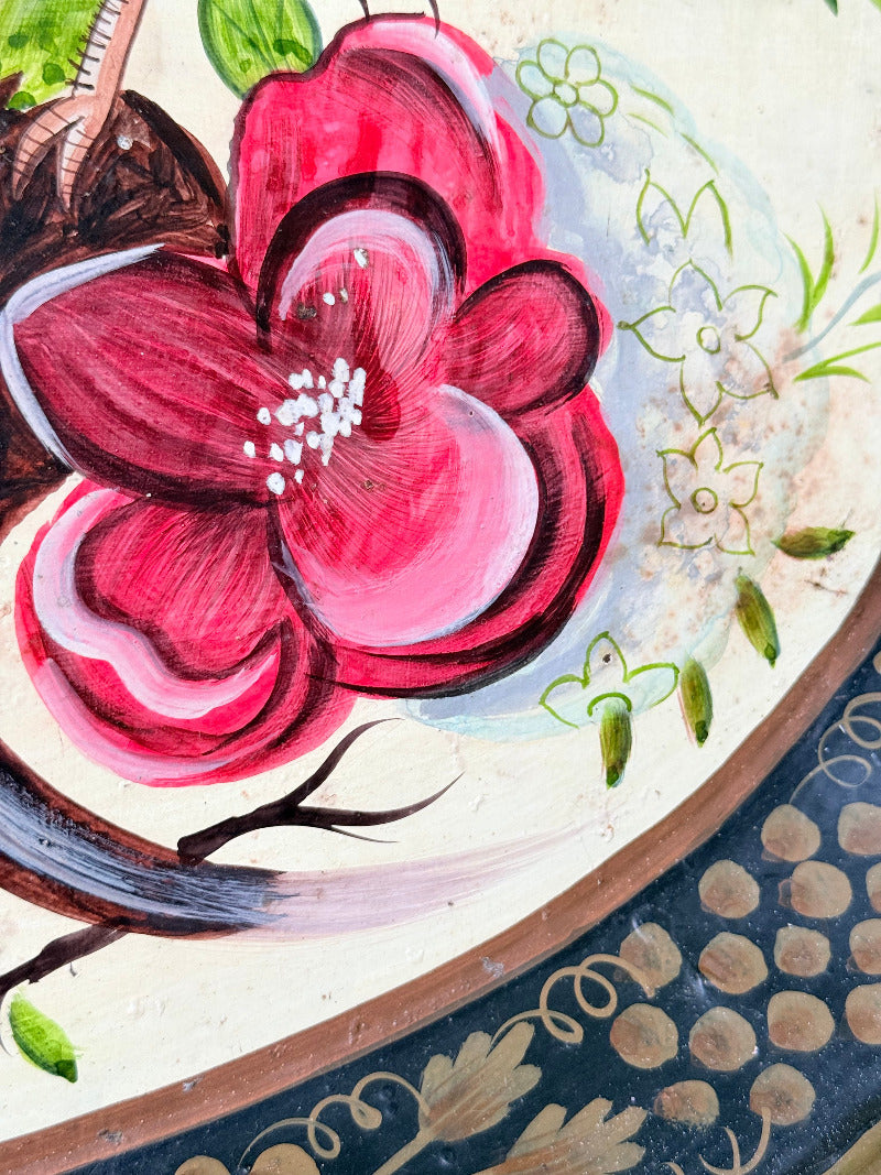 vintage hand painted metal tray with bold floral design in pink, red, white and gold border