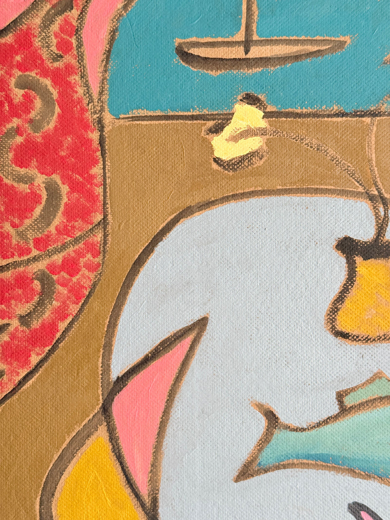 St Ives School mixed media painting on board of semi abstract objects on a table by a coastal window in a grey frame