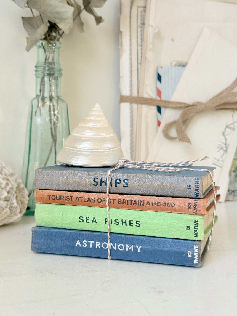 A stack of four decorative books tied with twine, placed on a tabletop beside a glass bottle and a shell. The books are labeled Ships, Tourist Atlas of West Britain & Ireland, Sea Fishes, and Astronomy.