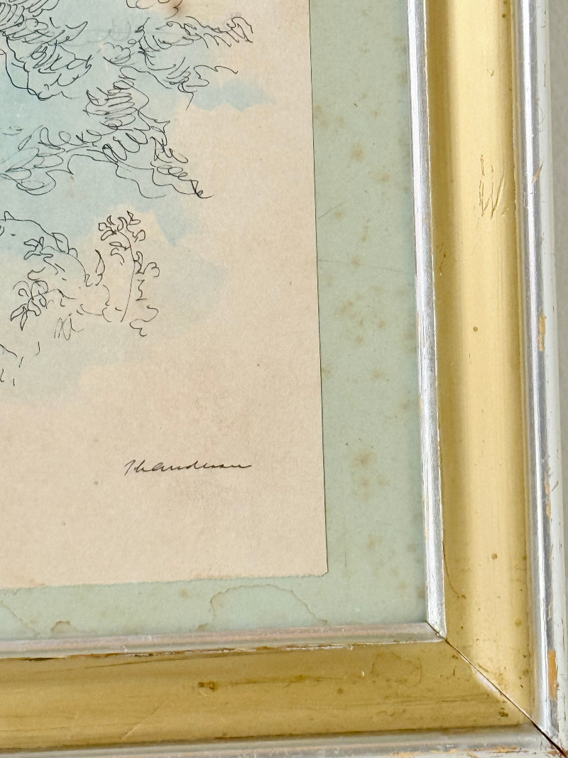Vintage watercolour of birds nesting in chimney with trees and sky in gold frame