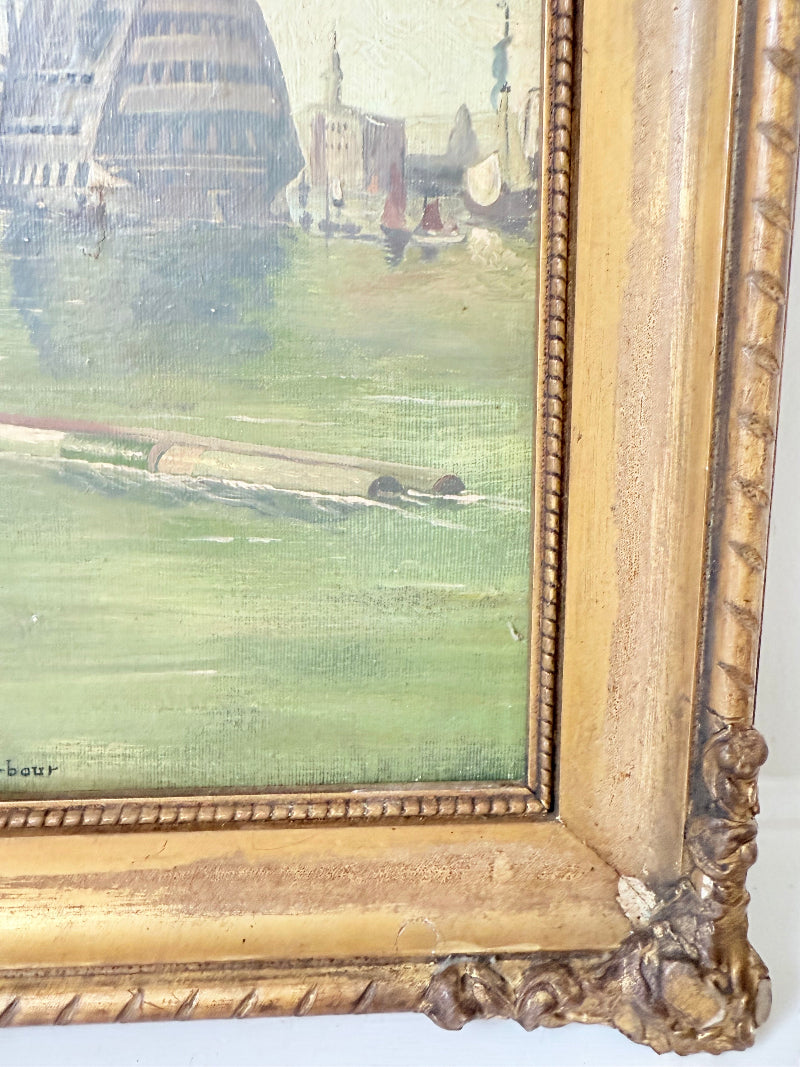 Vintage oil painting of man o’ war sailing ship with fishing boats in gilt frame