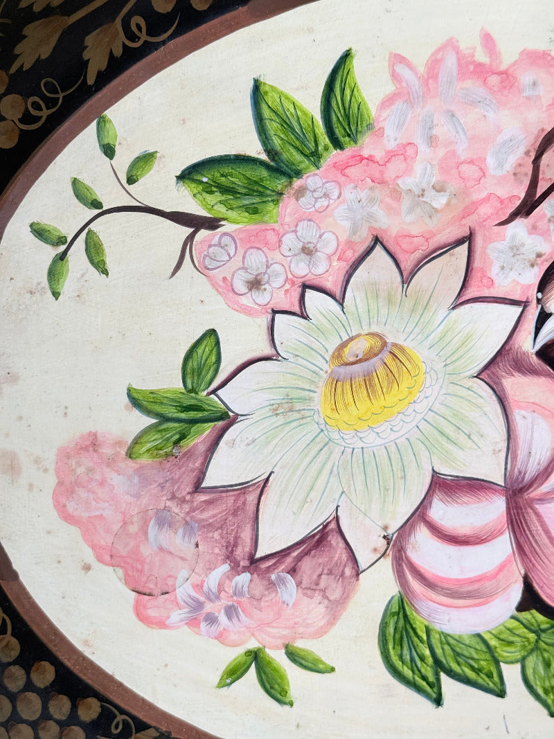 vintage hand painted metal tray with bold floral design in pink, red, white and gold border