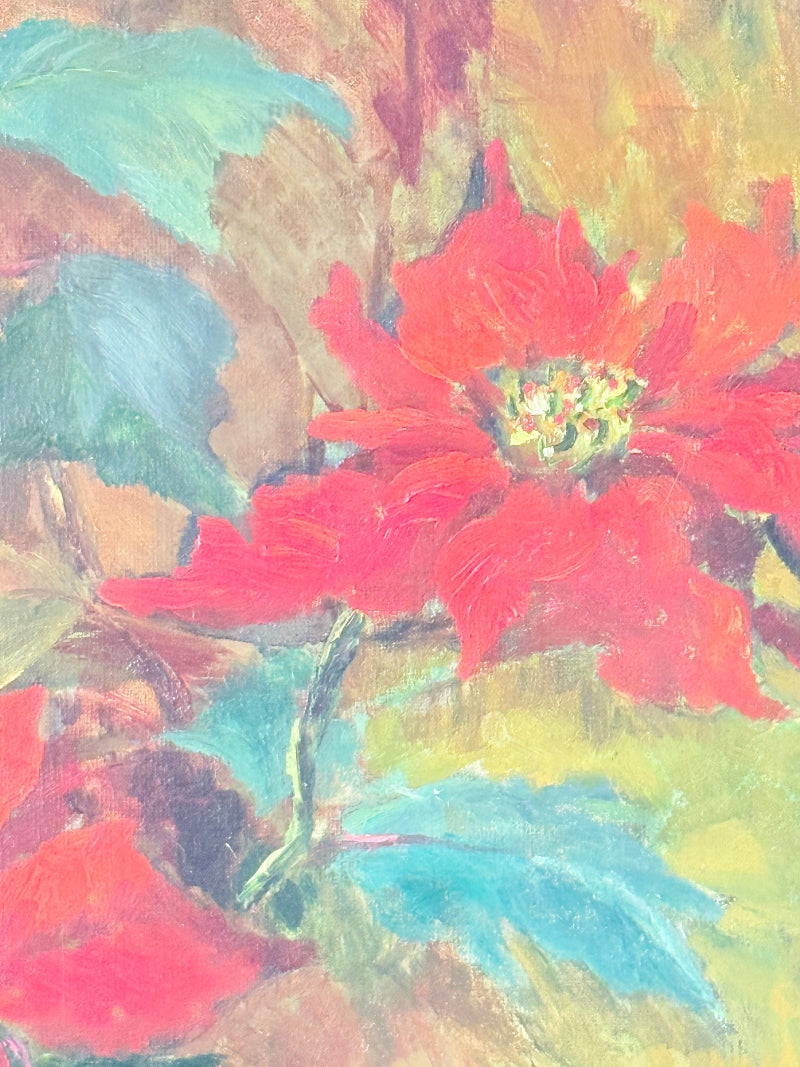 Poinsettias No 1 oil painting by Muriel Hester Broughton in red and green in a pale gilt frame