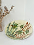 Puidgemont Spanish studio pottery plate with hand painted fish and coral design in green, turquoise, and terracotta tones, photographed on a white surface.