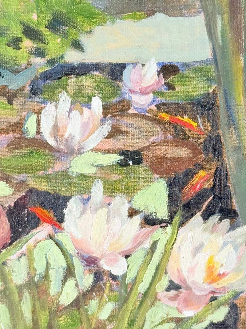Vintage oil on board painting of waterlilies on a pond by Muriel Hester Broughton (1904–2003), monogrammed MB, framed in silver wood, photographed on a white surface