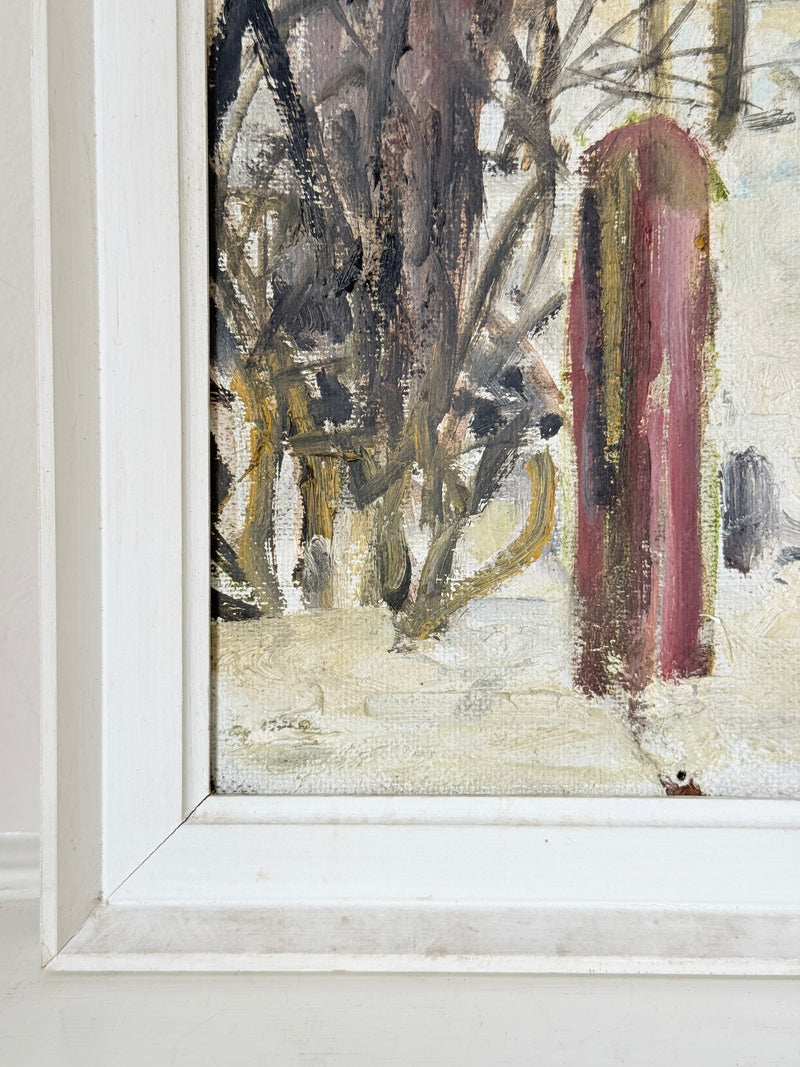 Detail of the red post and bare trees in the 1970s winter woodland oil painting
