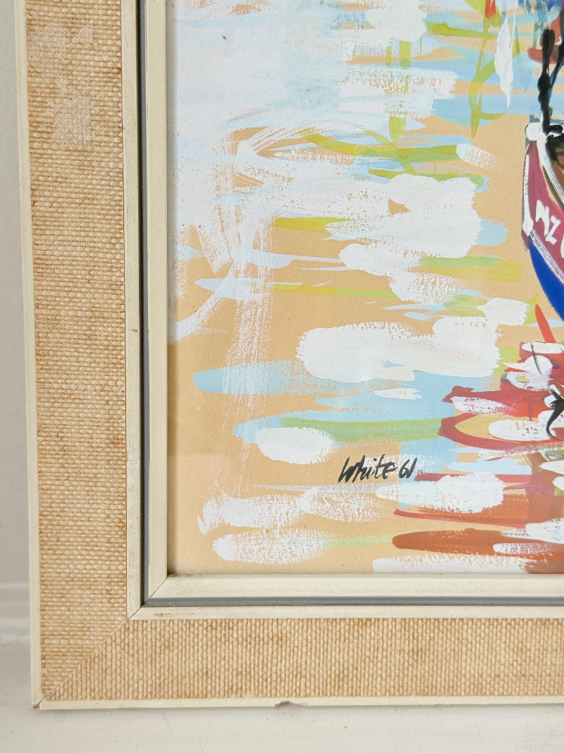 Mid century harbour scene painting with pastel boats and buildings, in wooden frame, photographed on a white surface