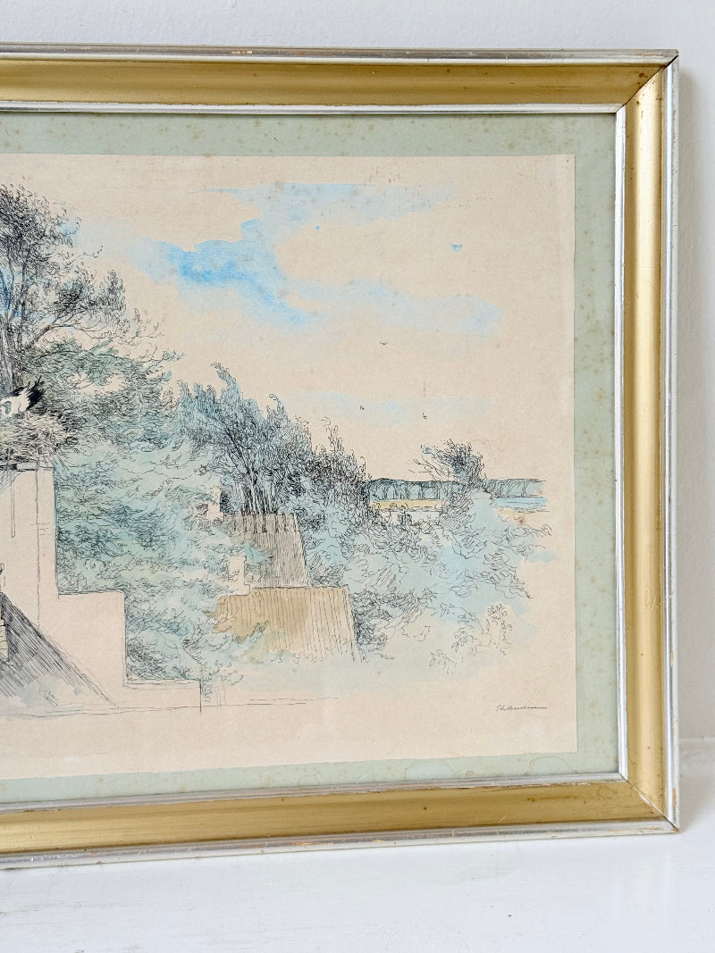 Vintage watercolour of birds nesting in chimney with trees and sky in gold frame