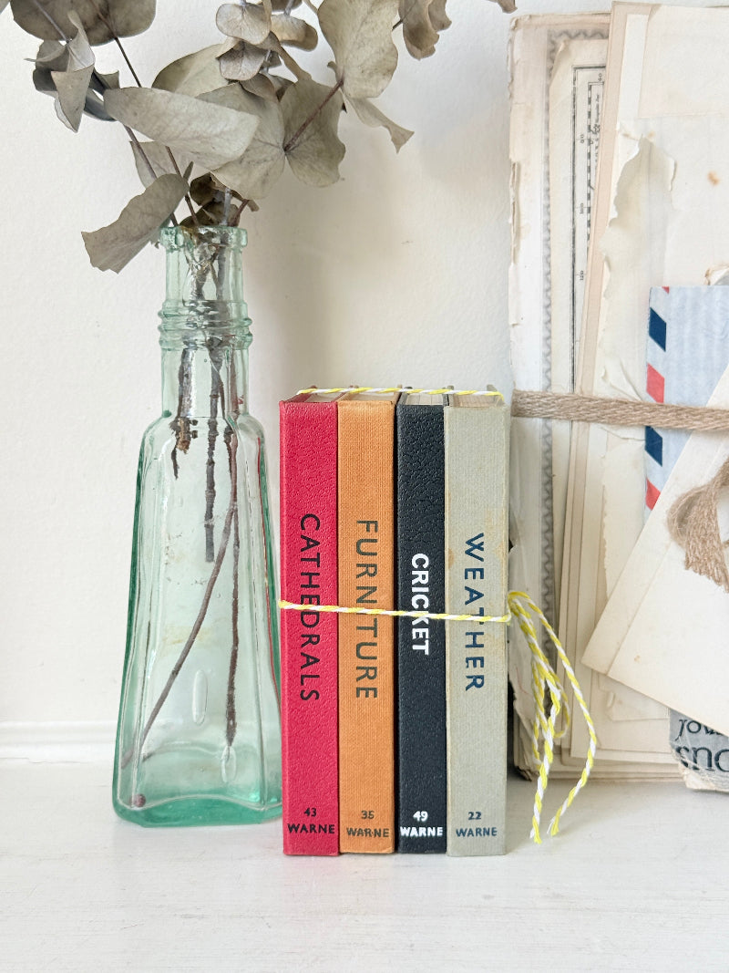 Four slim hardcover books standing upright on a white surface, tied together with twine. The spines read CATHEDRALS, FURNITURE, CRICKET, and WEATHER, with warm-toned covers in red, orange, dark blue, and light gray.