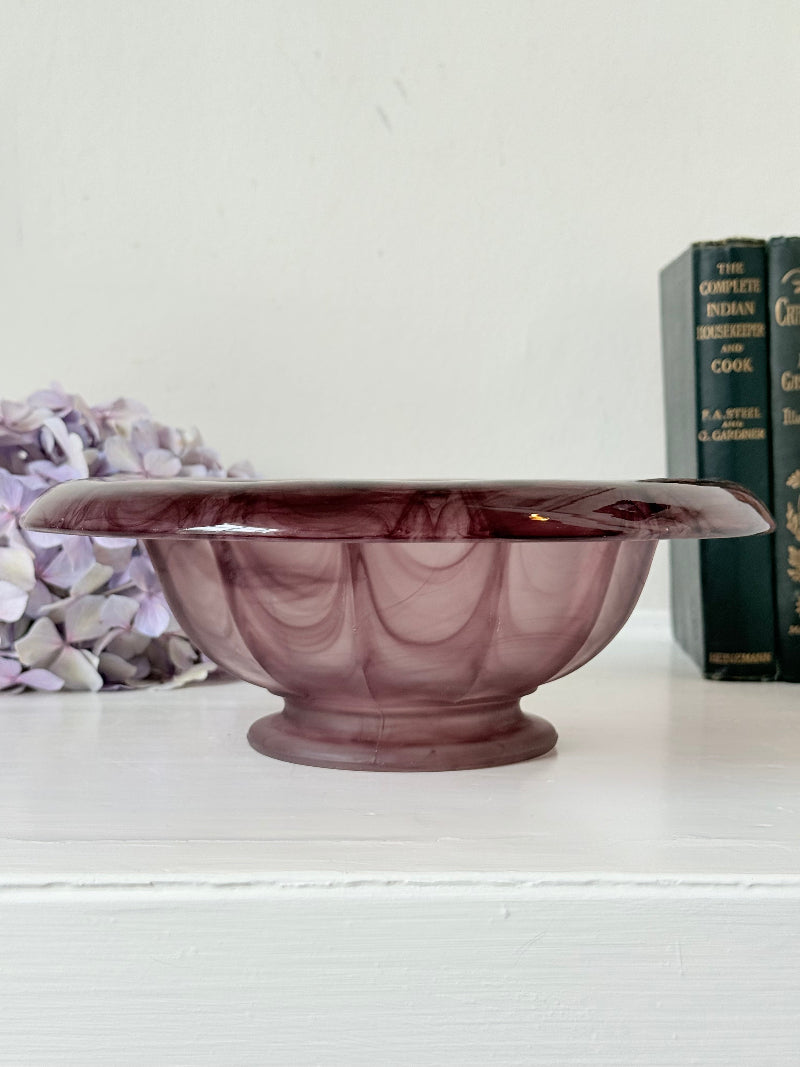 Davidson Art Deco smoky amethyst glass bowl, medium size with scalloped rim, photographed on white surface