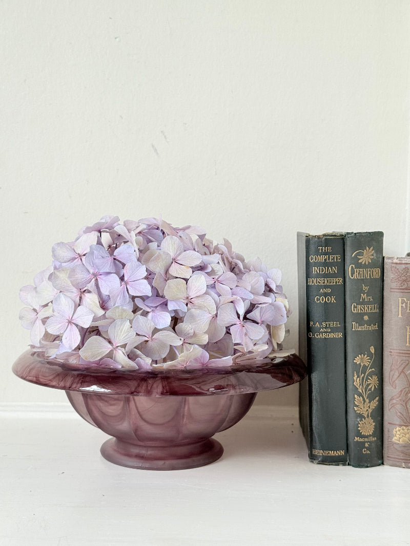 Davidson Art Deco smoky amethyst glass bowl, medium size with scalloped rim, photographed on white surface
