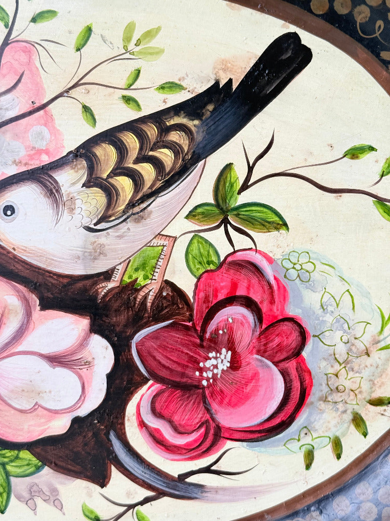 vintage hand painted metal tray with bold floral design in pink, red, white and gold border