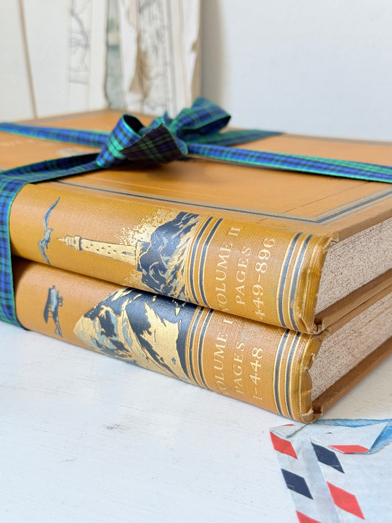 Pair of vintage Our Wonderful World books edited by J. A. Hammerton, volumes I and II, with mustard cloth covers and gilt detail