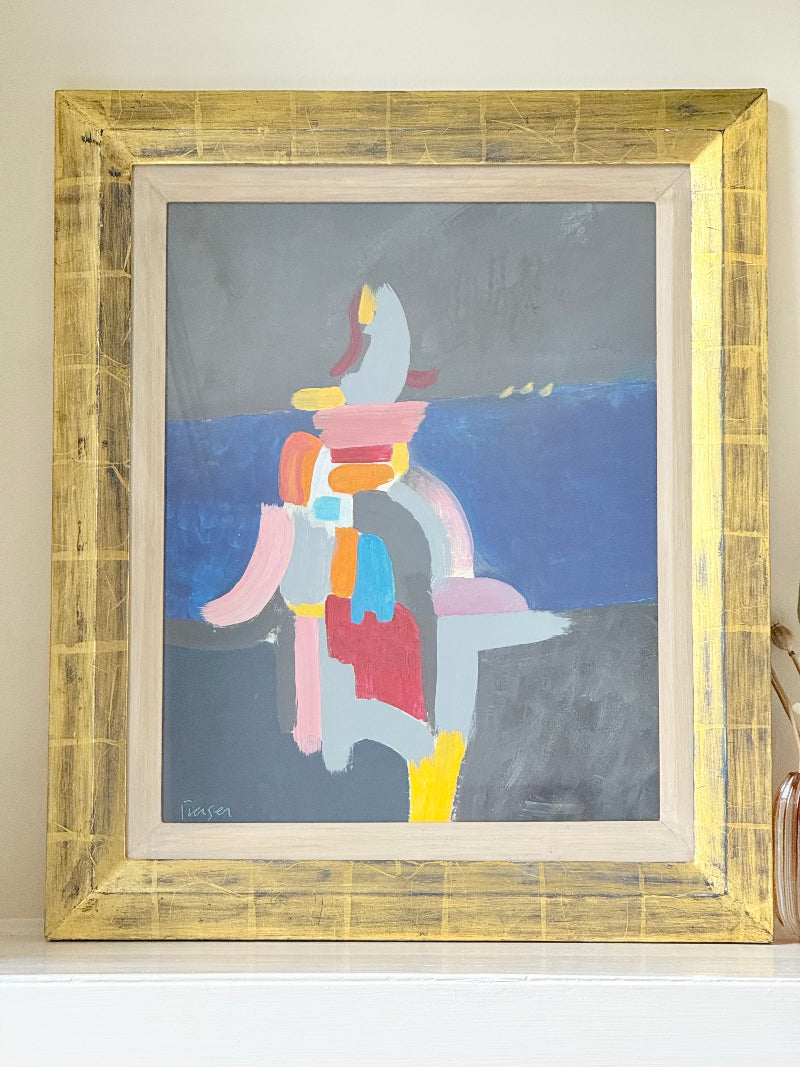 Colourful abstract acrylic painting after Donald Hamilton Fraser in gold frame, photographed on white background