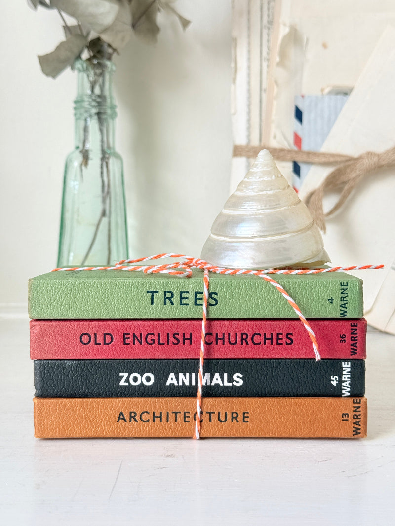 A stack of four hardcover books tied with red-and-white string, placed on a white surface with a small glass vase and decorative objects in the background. The book spines read Trees, Old English Churches, Zoo Animals, and Architecture.
