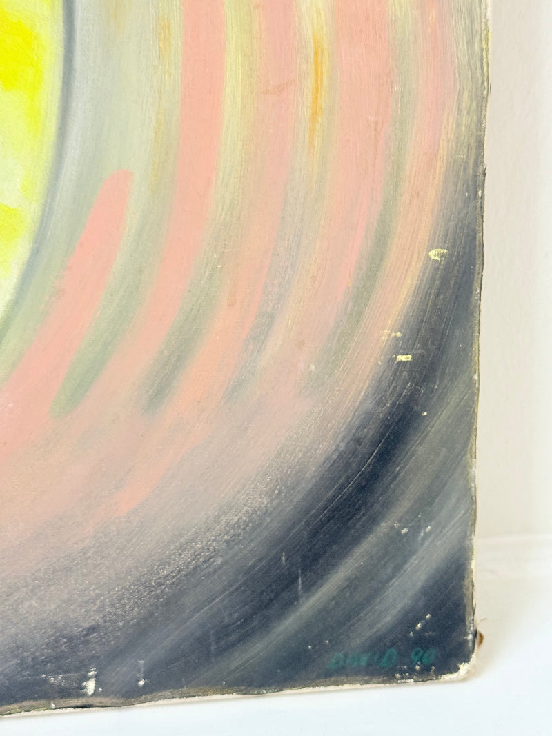 Abstract oil painting on canvas in yellow, pink and grey tones, photographed upright on a white surface.