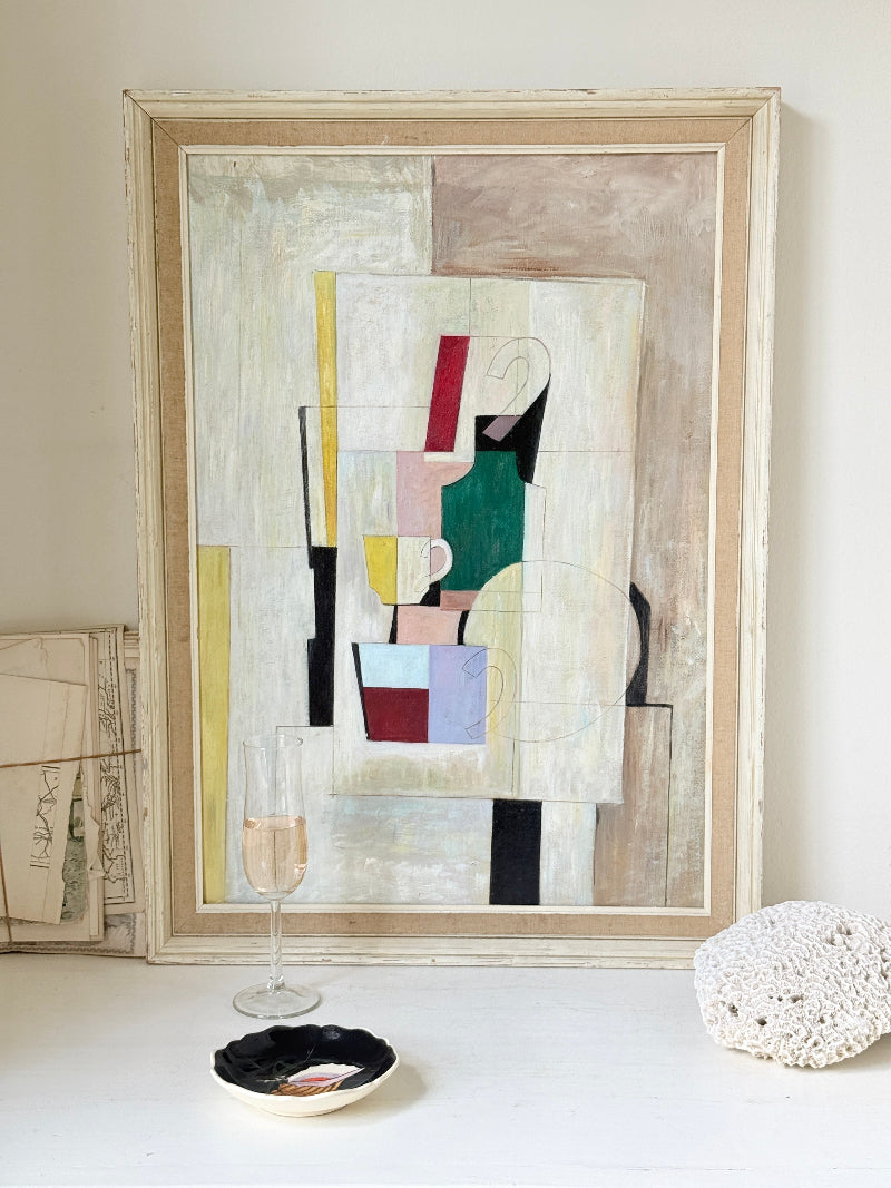 Original oil on board modernist still life with Cubist style vessels, geometric forms and ornate gold cream frame