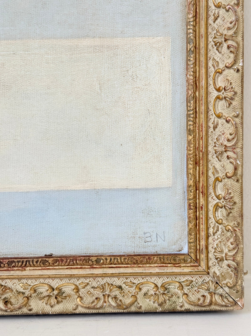 Original oil on canvas laid on board geometric modernist composition with bold colour blocks and ornate gold cream frame