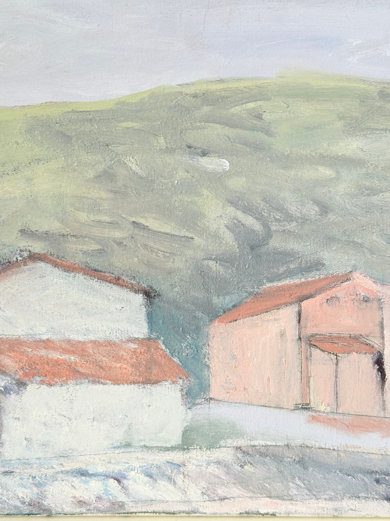 Unframed vintage oil painting of hillside cottages with terracotta roofs, green landscape, and textured brushwork, on white surface.