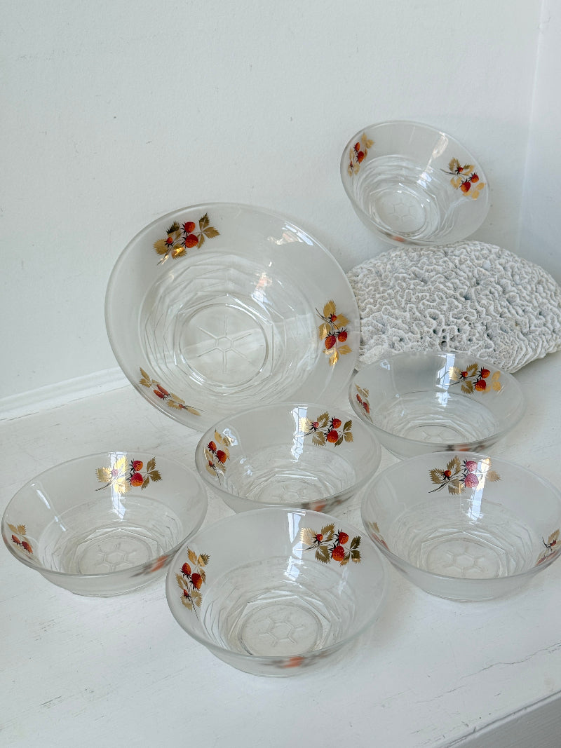 Vintage strawberry glass dessert set with serving bowl and six bowls hand decorated with berries and gold