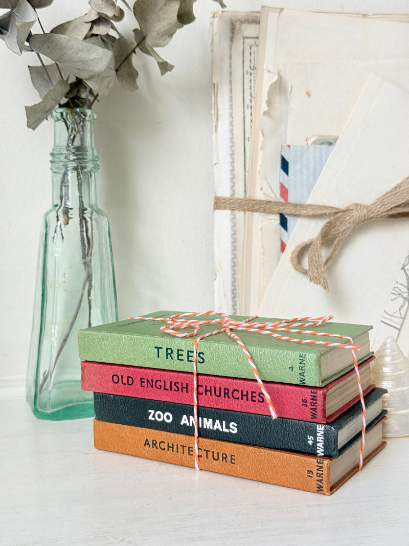 A stack of four hardcover books tied with red-and-white striped string, placed on a white surface beside a tall clear glass bottle with dried leaves and a rustic framed print.
