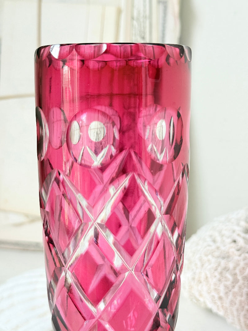 Antique cranberry cut to clear glass vase or goblet with diamond lattice pattern, clear pedestal foot and deep pink glass