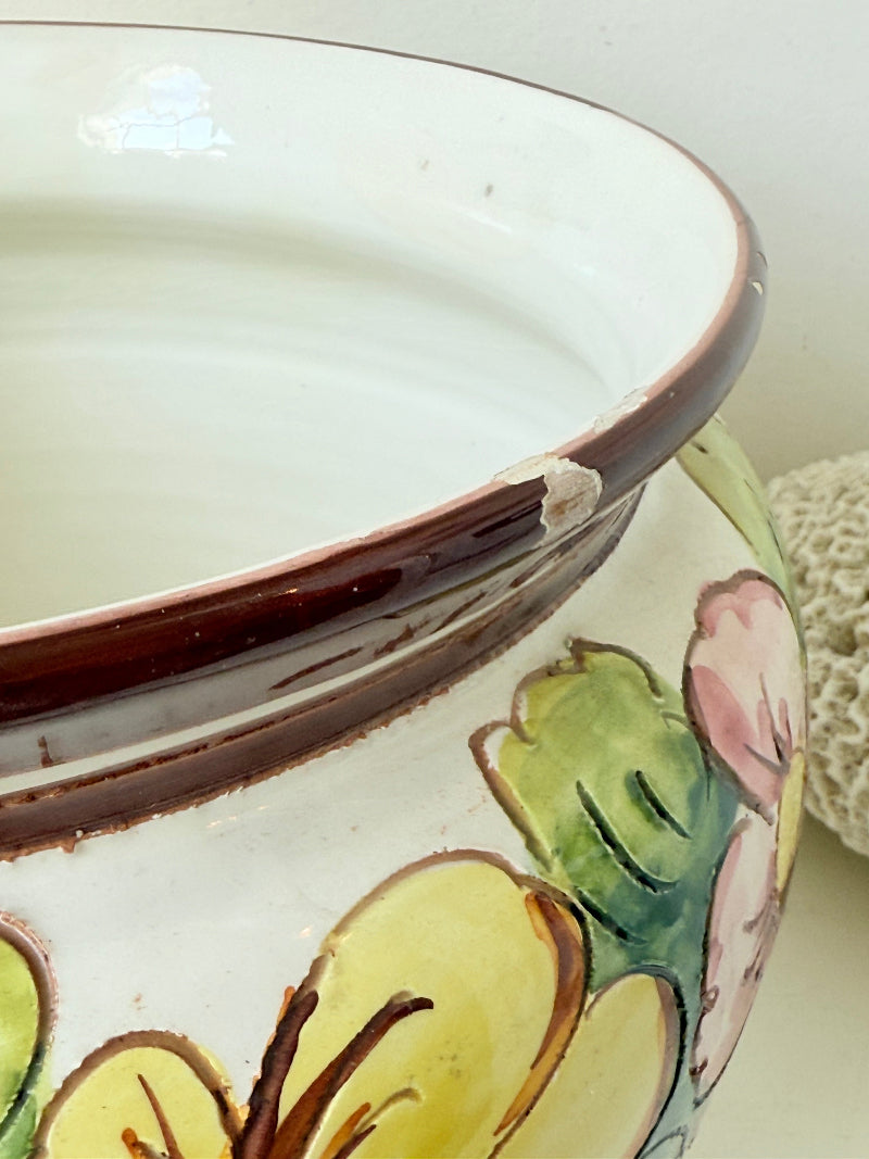 Large European hand painted floral ceramic jardinière with yellow, pink and green flowers on a white base, styled on a white surface with dried foliage.