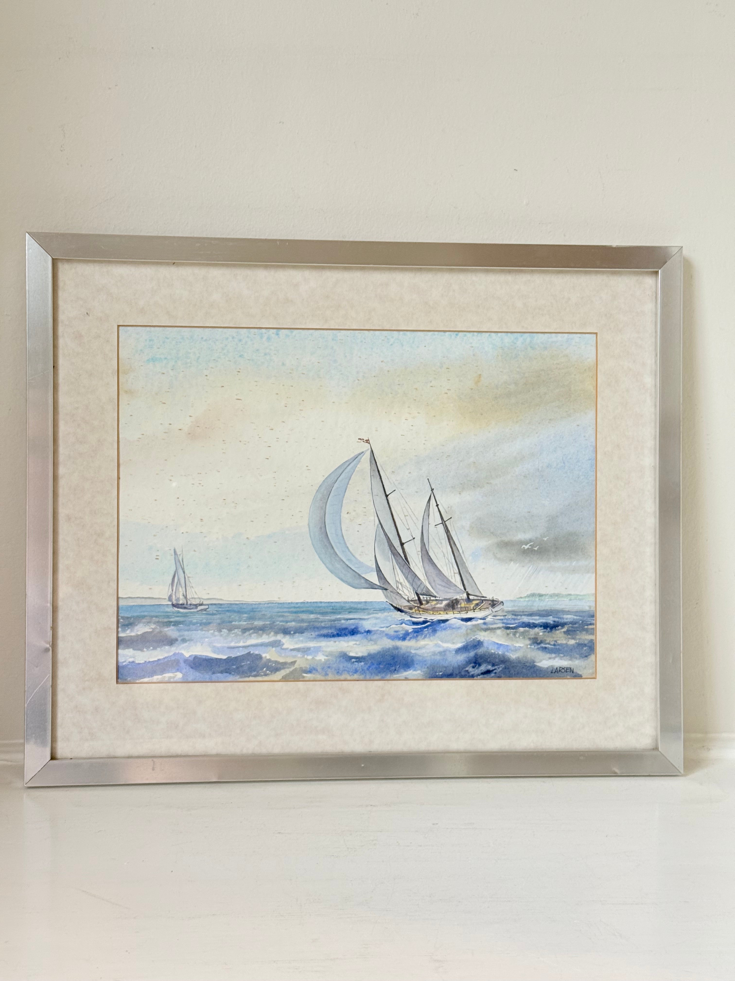 Vintage sailing watercolour signed Larsen in silver frame, seascape with sailboats