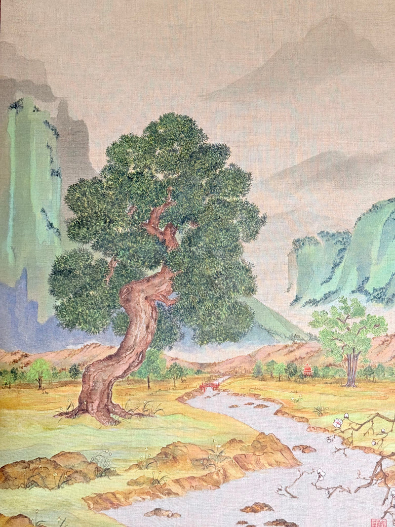 Vintage Chinese watercolour landscape on canvas with tree, mountains and blossom, photographed on white surface