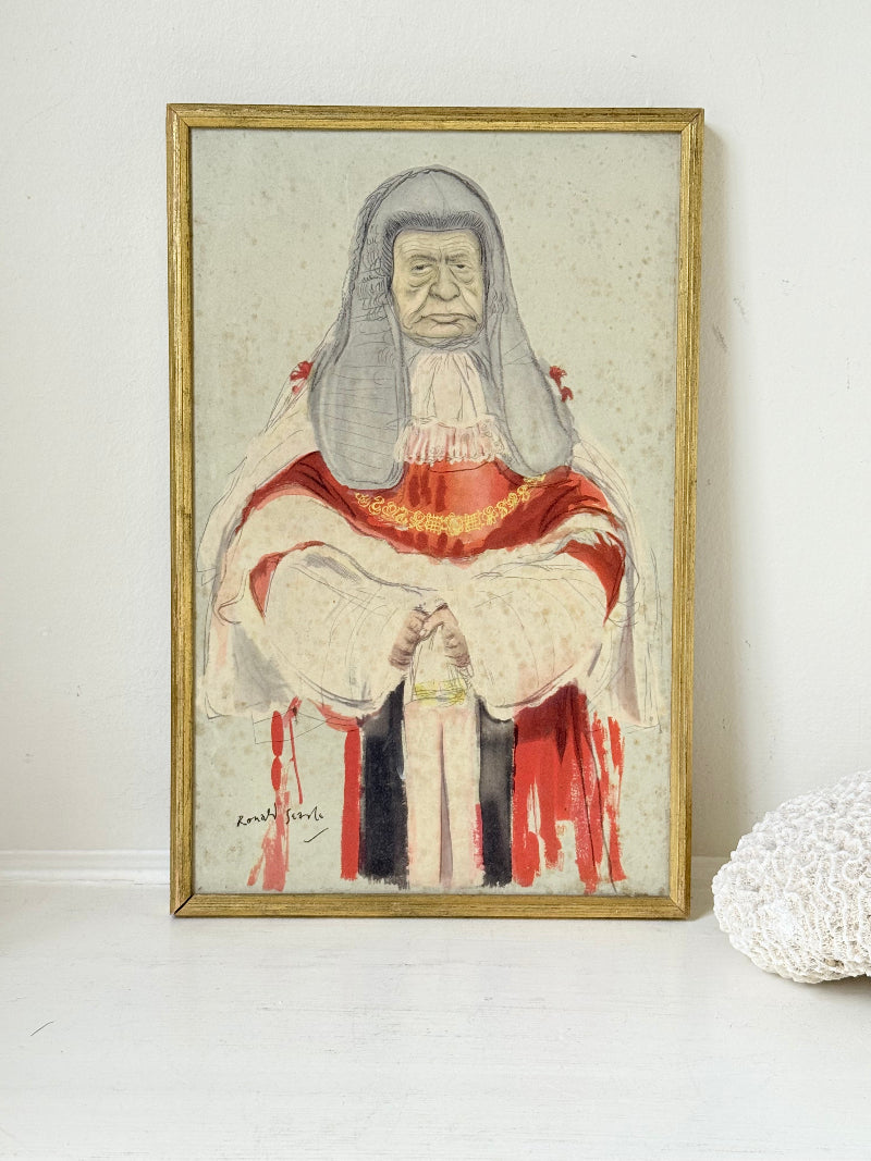 Vintage framed print of judge in ceremonial robes with humorous grumpy expression, photographed on a white surface