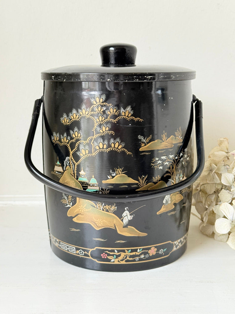 mid century baret ware china gardens black and gold ice bucket with glass liner photographed on white surface