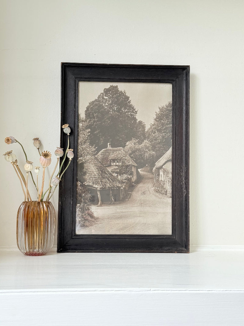 Framed Antique Sepia Photograph of English Village Scene, Early 20th Century