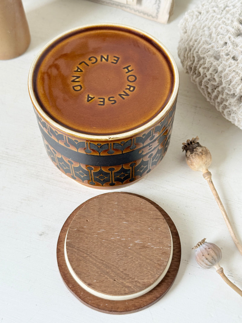Vintage Hornsea Pottery Heirloom sugar canister in brown glaze with embossed pattern, wooden lid and 1970s kitchen style