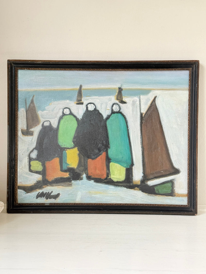 Markey Robinson style signed oil on board of shawled figures and boats in green and orange on a shore