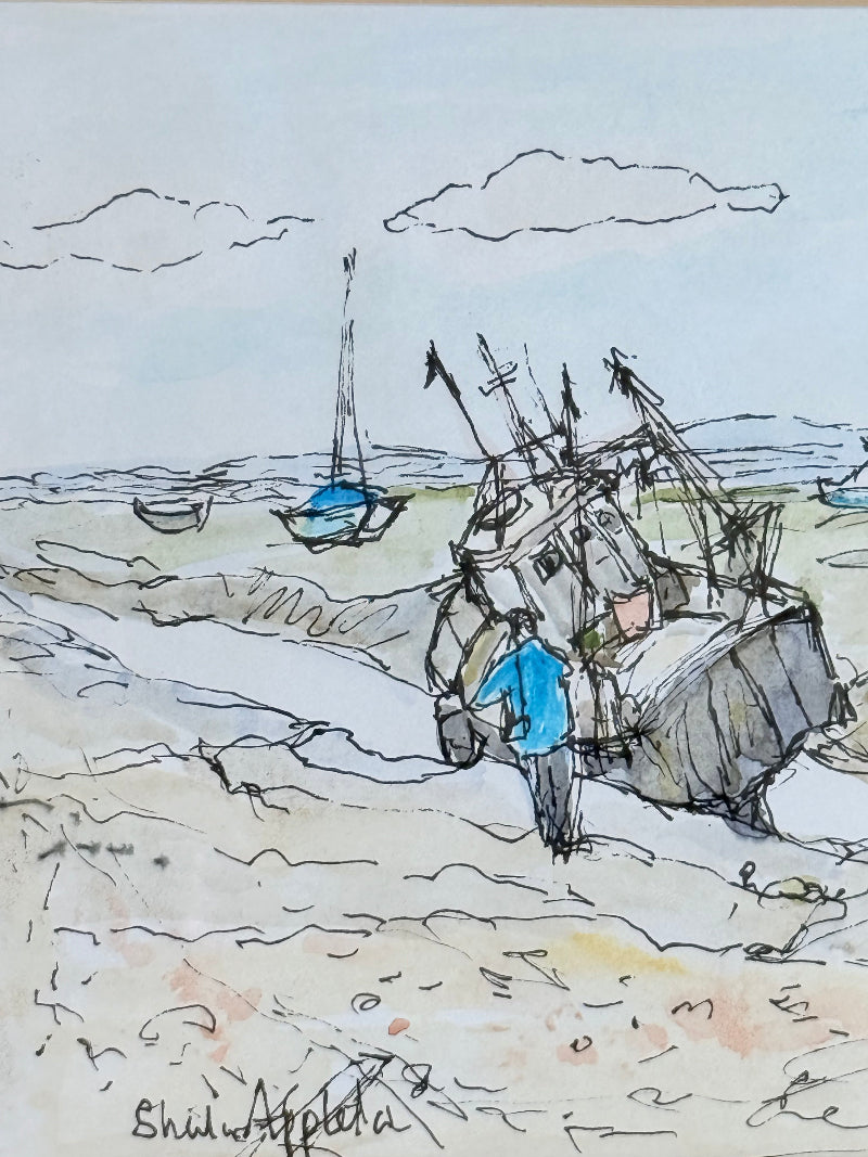 Vintage pen and watercolour coastal scene with horse and cart in rustic wood frame, signed, on white surface.