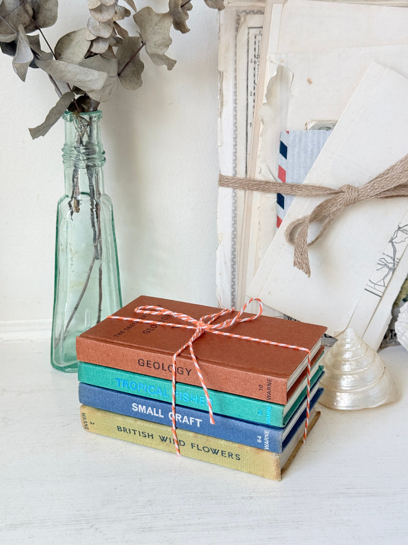 A stack of four vintage hardcover books tied with a pink string, set on a white surface next to a glass bottle with dried flowers and a white frame.