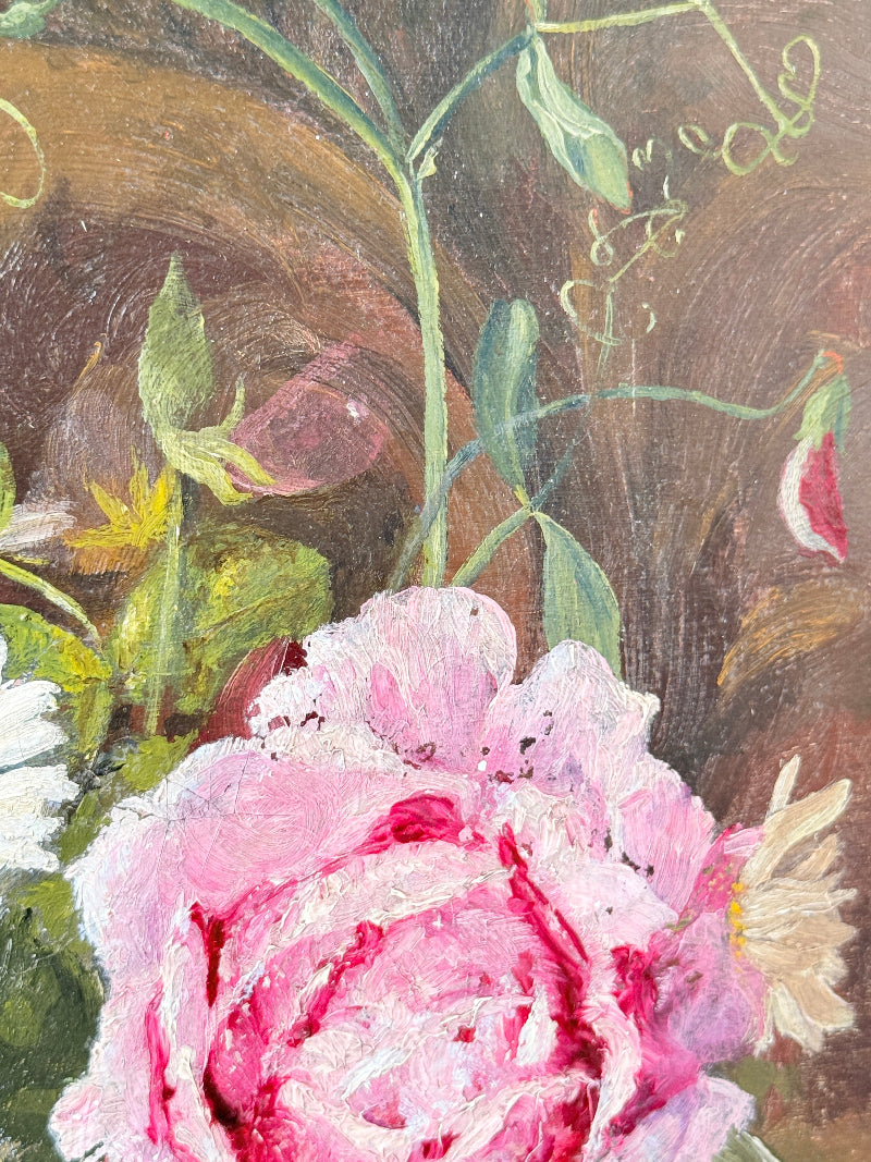A close-up painting of a pink rose with green leaves and stems against a dark brown background.