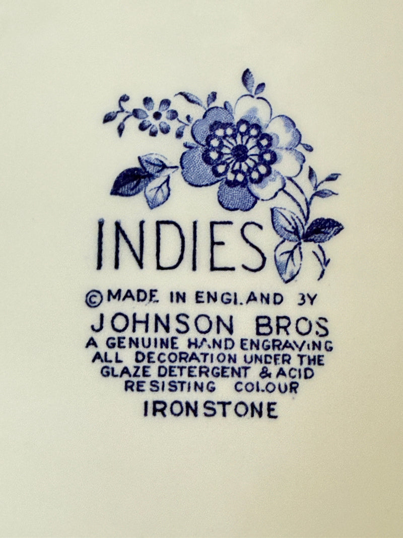 Vintage Johnson Brothers Indies blue and white oval serving platter photographed on a white surface